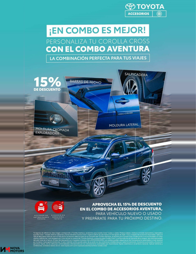 Combo Aventura para Corolla Cross: 15% de descuento en moldura lateral, moldura cromada exploradora, salpicadera y barras de techo.