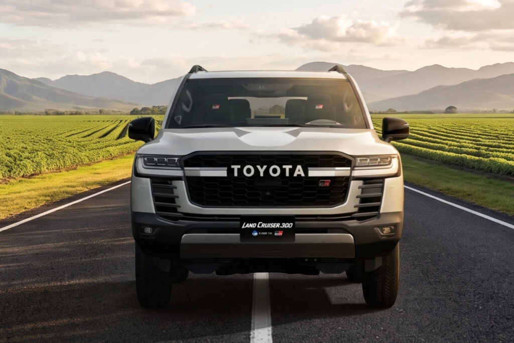 Toyota Land Cruiser 300 GR-S HEV de frente en un camino entre cultivos