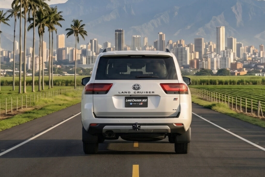 Toyota Land Cruiser 300 GR-S HEV de espaldas, con la ciudad al fondo