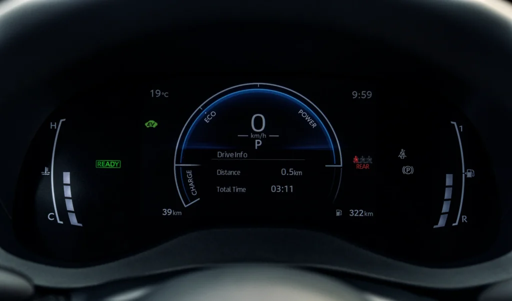 Cuadro digital del Yaris HEV con el indicador híbrido ECO y POWER