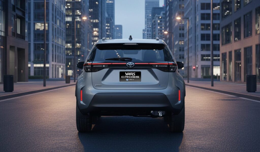 Toyota Yaris Cross 2027 de frente por detrás, con las luces traseras encendidas