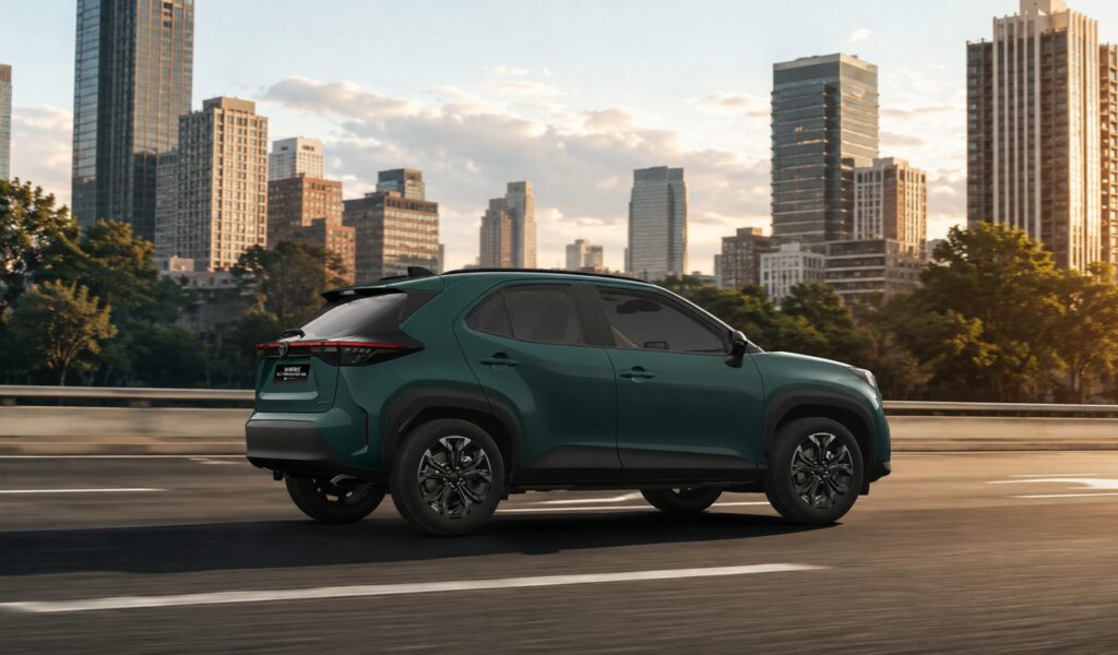 Toyota Yaris Cross 2027 en Verde Everest, de tres cuartos traseros
